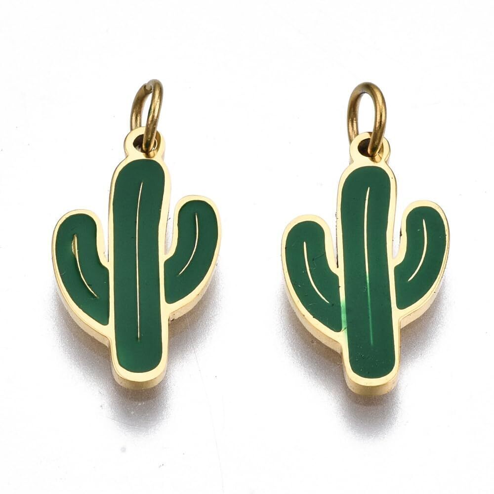 5274 10Pcs Stainless Steel Enamel Cactus Charms Tropical Desert Plant